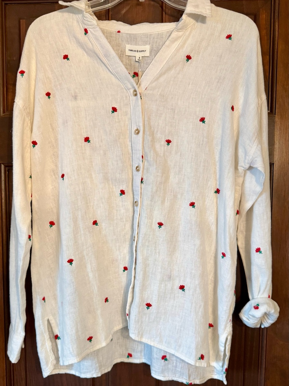 Thread & Supply White Button-Down Shirt with Red Floral Embroidery